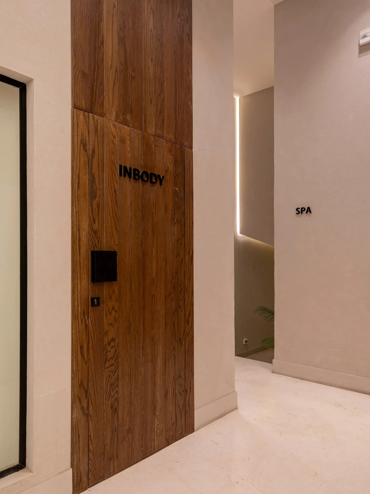 Detail of full-height oak door cladding showing solid core construction