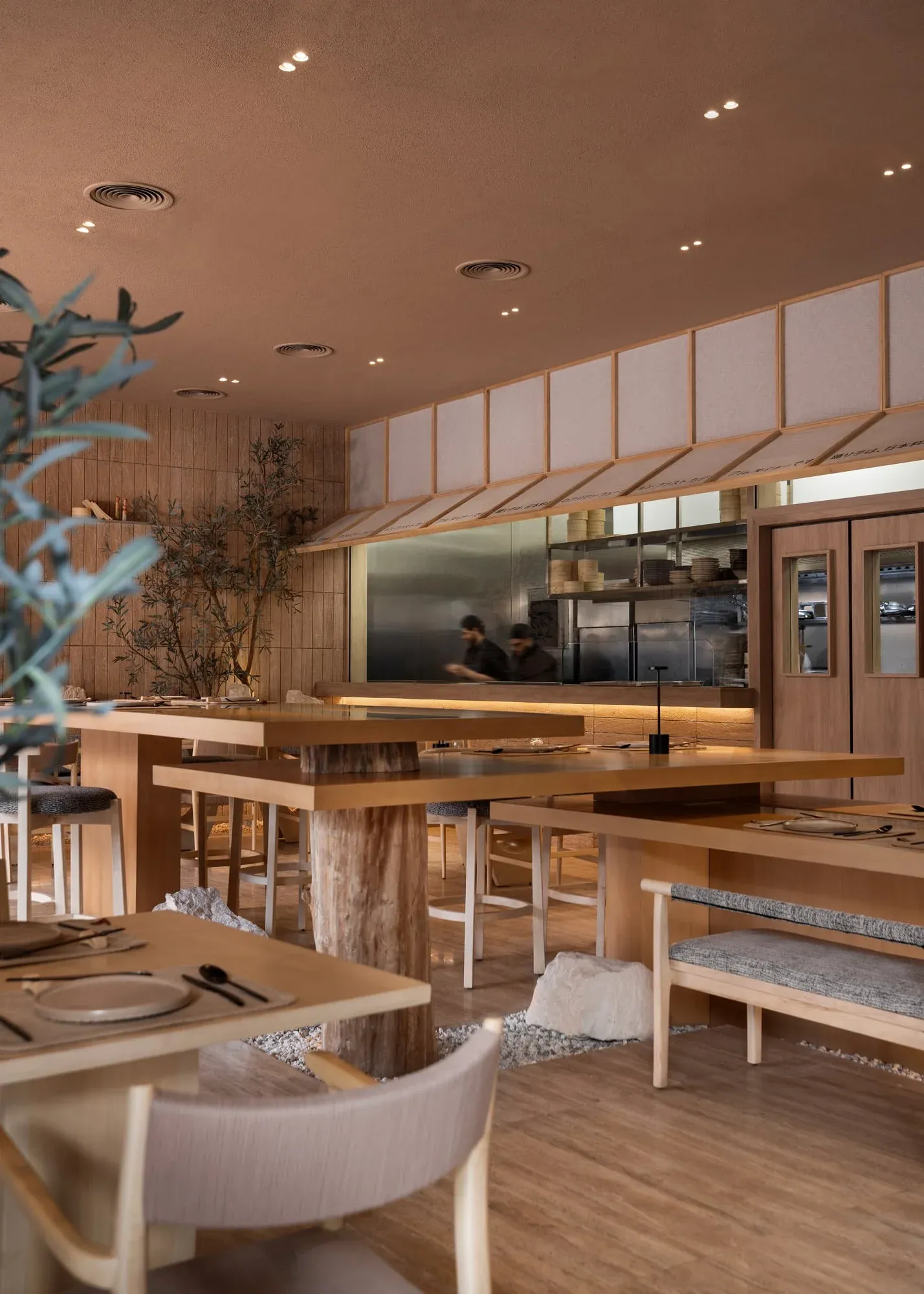 Kitchen facade showing decorative shade panels with Japanese motifs