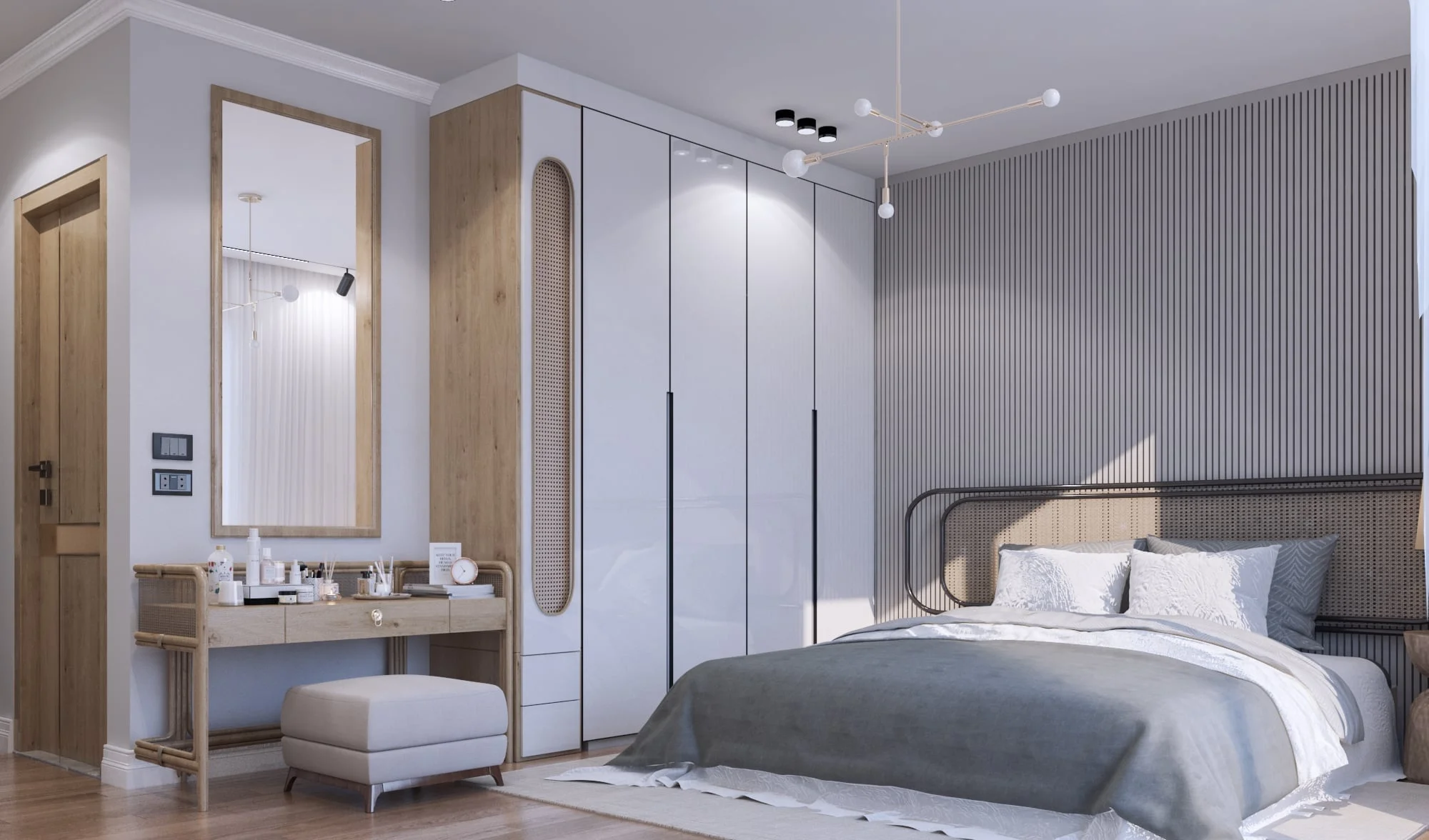 Finished elegant interior with custom woodwork and cabinetry